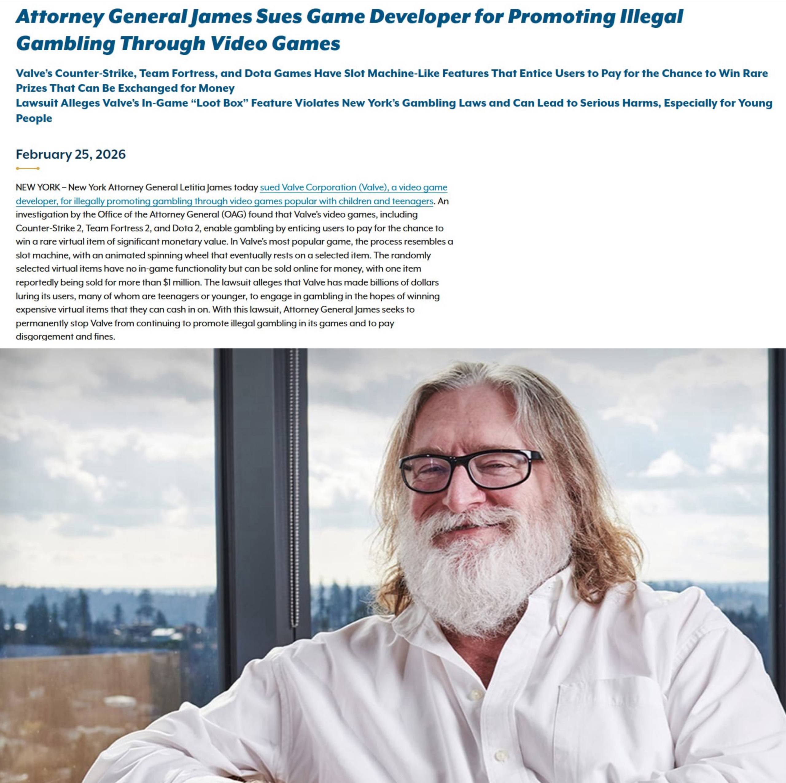 На Гейба Ньюелла подали в суд через систему лутбоксів в CS2, TF2 і Dota 2