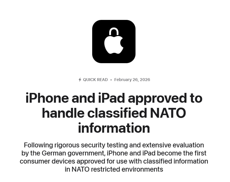 iPhone і iPad стали першими споживчими пристроями, сертифікованими для роботи з секретними даними НАТО, — Apple.